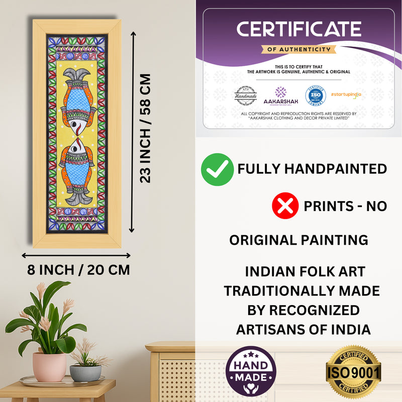 Framed artwork with dimensions, authenticity certificate and handmade iso certified-fish madhubani painting