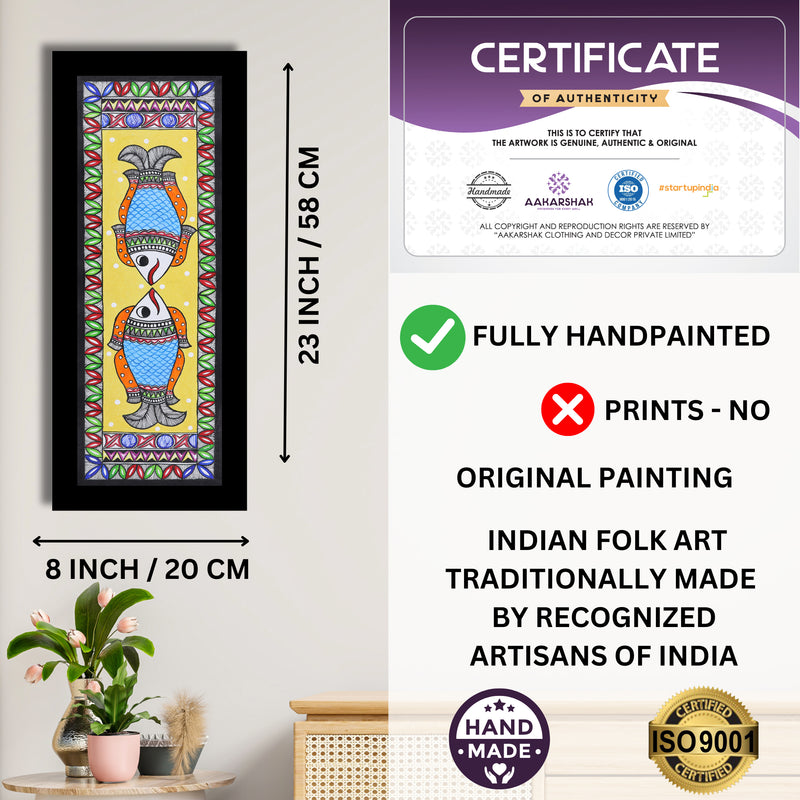 Framed artwork with dimensions, authenticity certificate and handmade iso certified-fish madhubani painting