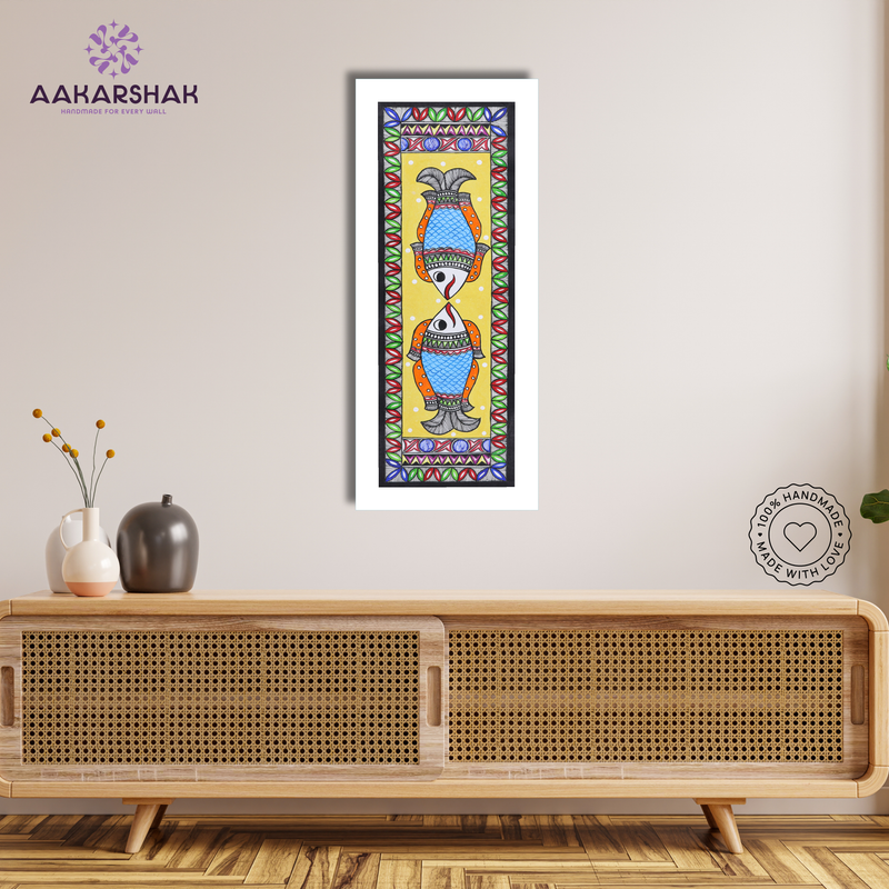 Framed artwork with fish design -handmade madhubani painting for home decor
