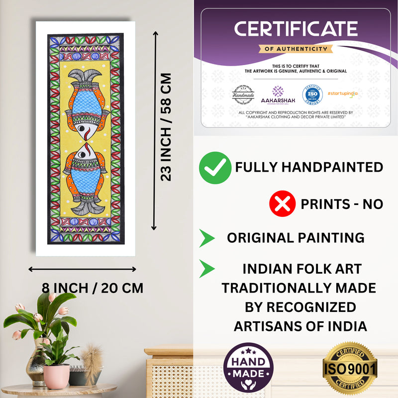 Framed artwork with dimensions, authenticity certificate and handmade iso certified-fish madhubani painting