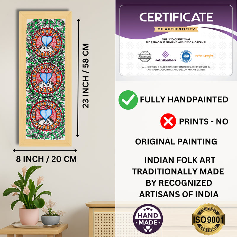 Framed artwork with dimensions, authenticity certificate and handmade iso certified-fish madhubani painting