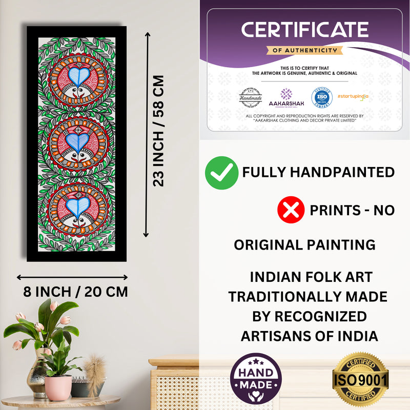 Framed artwork with dimensions, authenticity certificate and handmade iso certified-fish madhubani painting