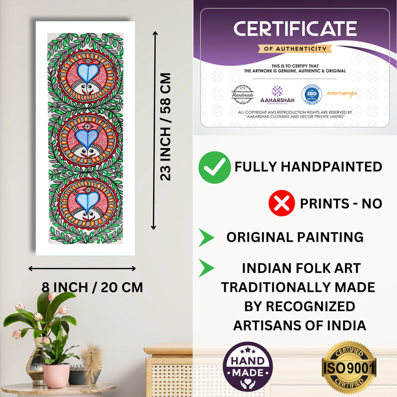 Framed artwork with dimensions, authenticity certificate and handmade iso certified-fish madhubani painting
