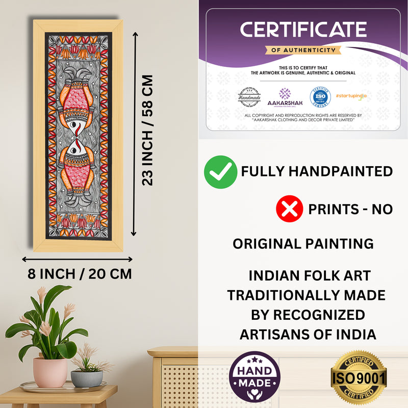 Framed artwork with dimensions, authenticity certificate and handmade iso certified-fish madhubani painting