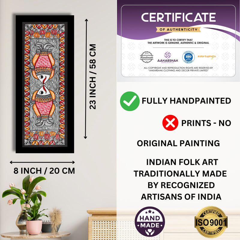 Framed artwork with dimensions, authenticity certificate and handmade iso certified-fish madhubani painting