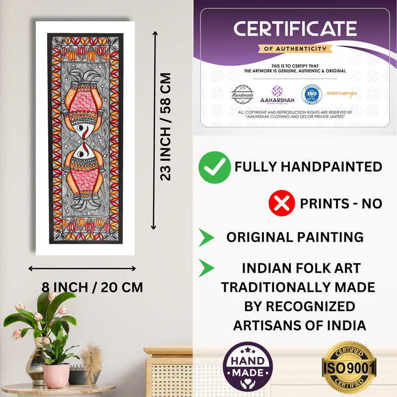 Framed artwork with dimensions, authenticity certificate and handmade iso certified-fish madhubani painting