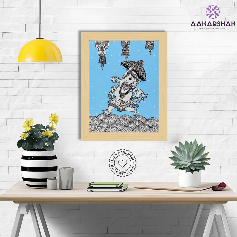 Framed artwork with ganesh design on a blue background-handmade kalamkari painting for home decor