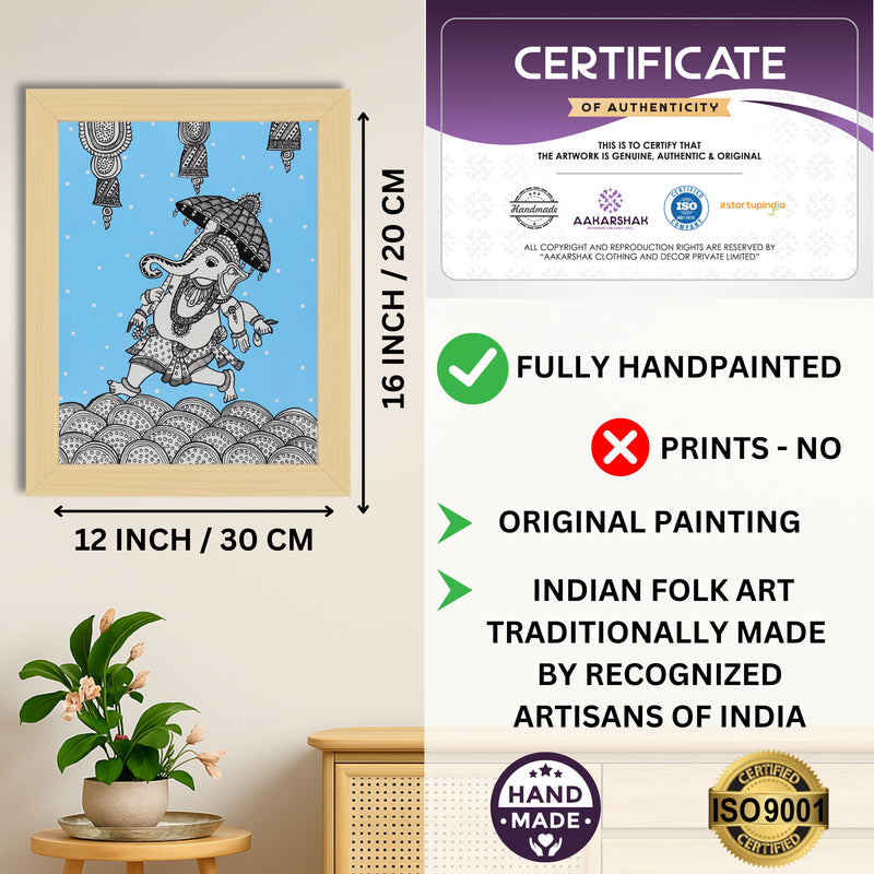 Framed artwork with dimensions, authenticity certificate and handmade iso certified-ganesh kalamkari painting