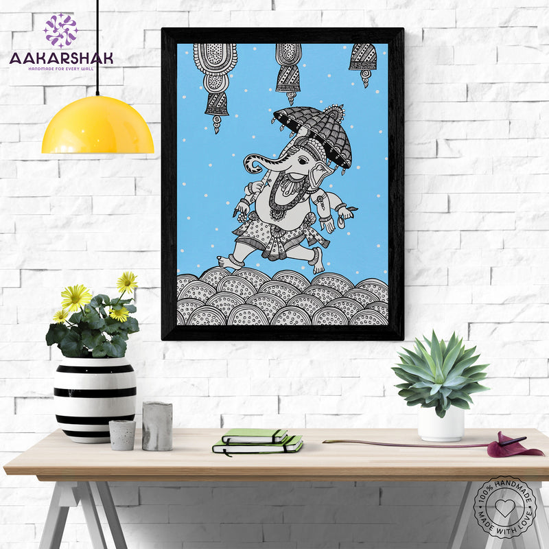Framed artwork with ganesh design on a blue background-handmade kalamkari painting for home decor
