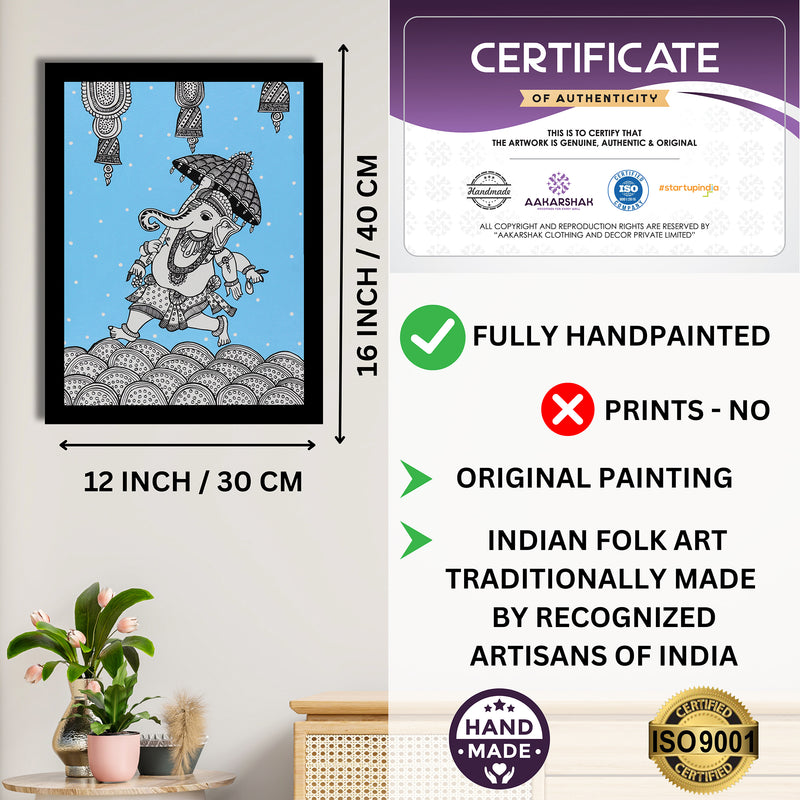 Framed artwork with dimensions, authenticity certificate and handmade iso certified-ganesh kalamkari painting