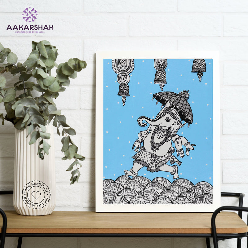 Framed artwork with ganesh design on a blue background-handmade kalamkari painting for home decor