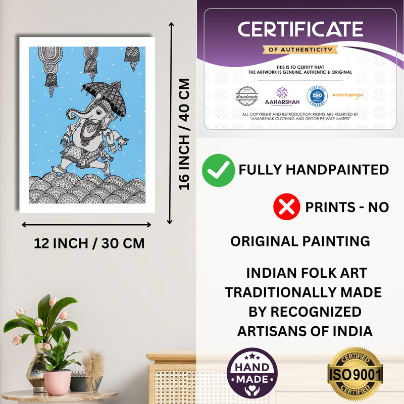 Framed artwork with dimensions, authenticity certificate and handmade iso certified-ganesh kalamkari painting