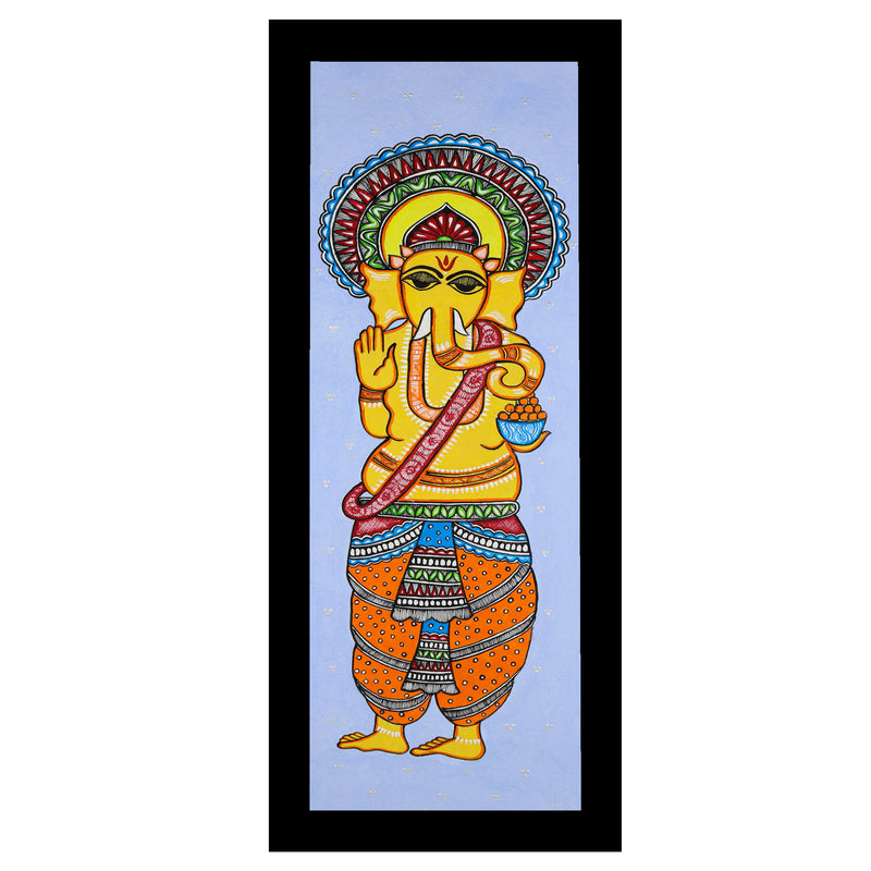Framed artwork of a colorful ganesh-with handmade madhubani painting