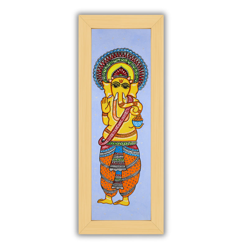 Framed artwork of a colorful ganesh-with handmade madhubani painting