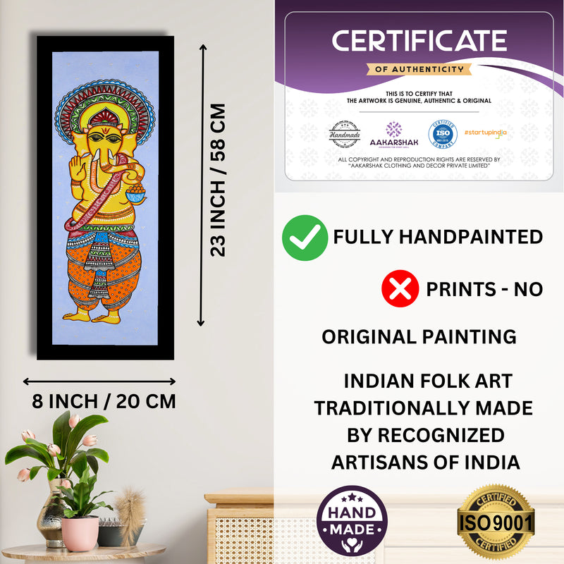Framed artwork with dimensions, authenticity certificate and handmade iso certified-ganesh madhubani painting