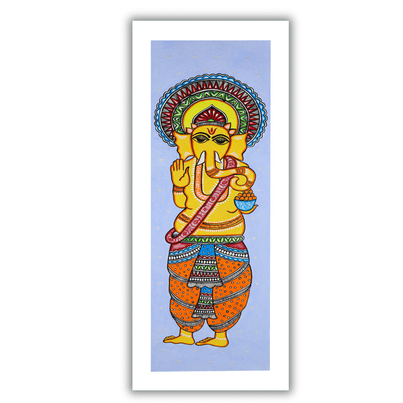 Framed artwork of a colorful ganesh-with handmade madhubani painting