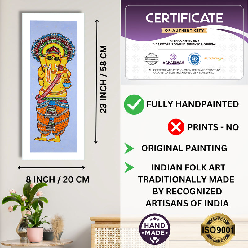 Framed artwork with dimensions, authenticity certificate and handmade iso certified-ganesh madhubani painting