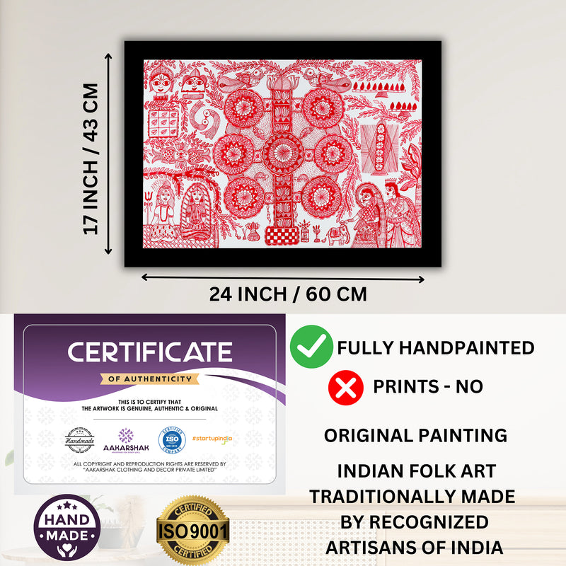 Framed artwork with dimensions, authenticity certificate and handmade iso certified-kobhar madhubani painting