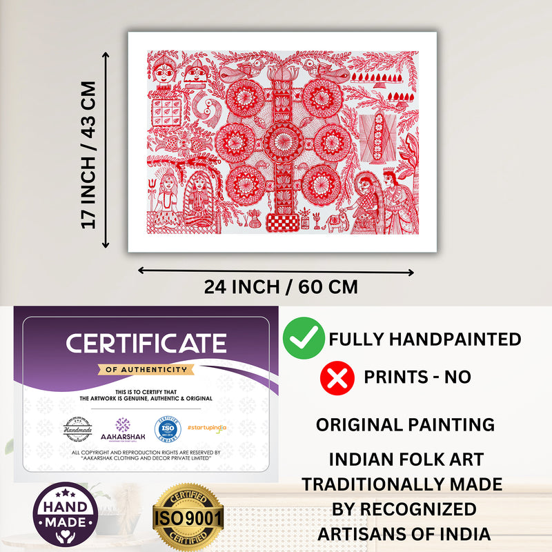 Framed artwork with dimensions, authenticity certificate and handmade iso certified-kobhar madhubani painting