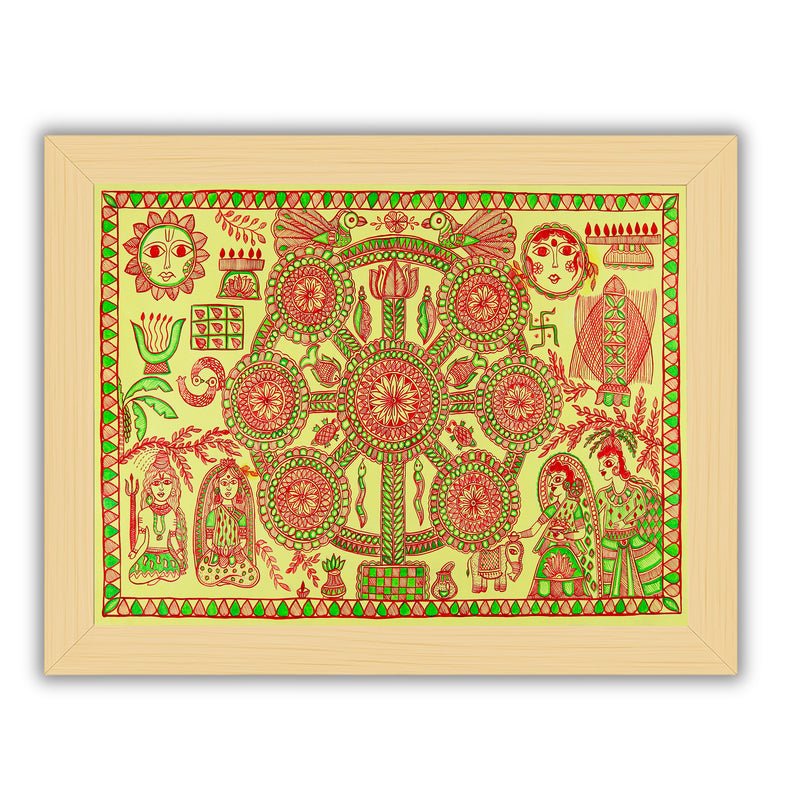 Framed artwork of a colorful kobhar-with handmade madhubani painting