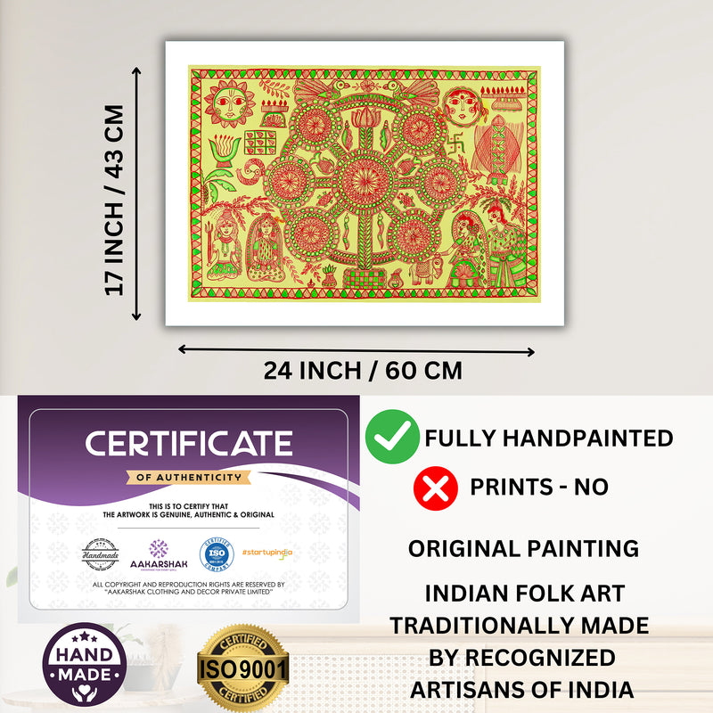 Framed artwork with dimensions, authenticity certificate and handmade iso certified-kobhar madhubani painting