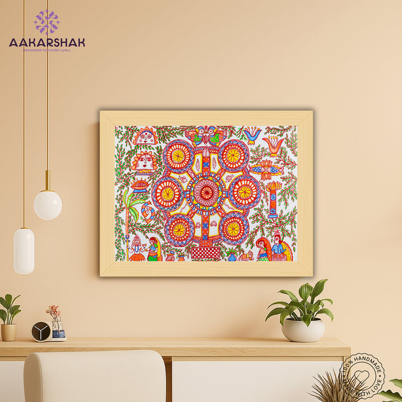 Framed artwork with kobhar design -handmade madhubani painting for home decor