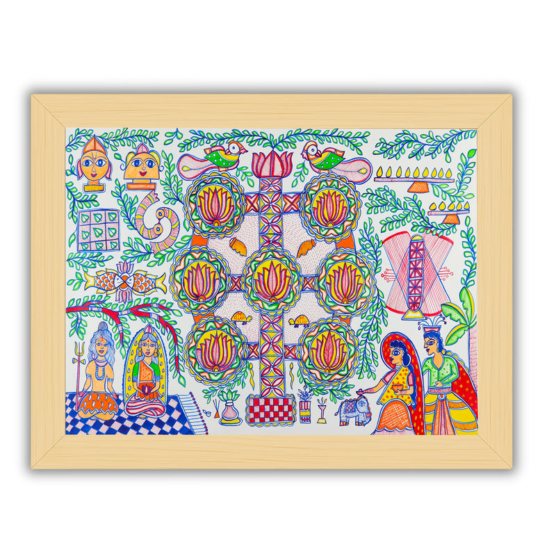 Framed artwork of a colorful kobhar-with handmade madhubani painting