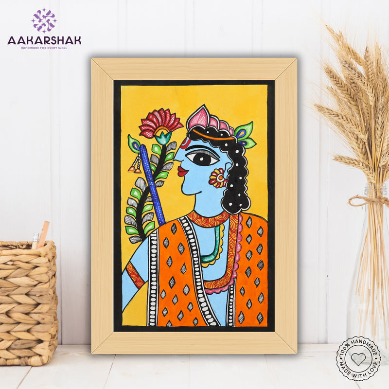 handmade madhubani painting krishna painting-with tabletop stand for home decor