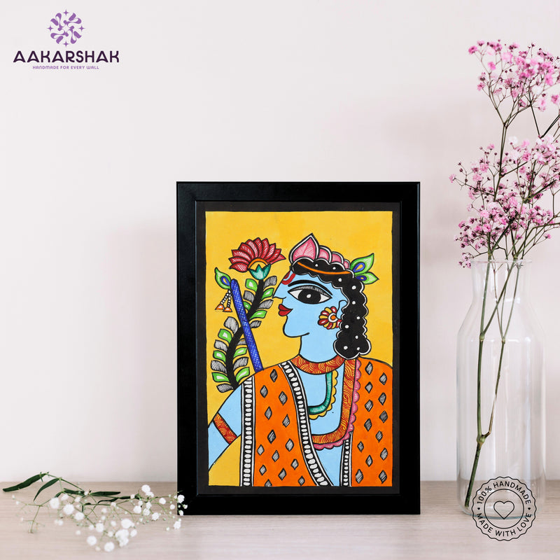 handmade madhubani painting krishna painting-with tabletop stand for home decor