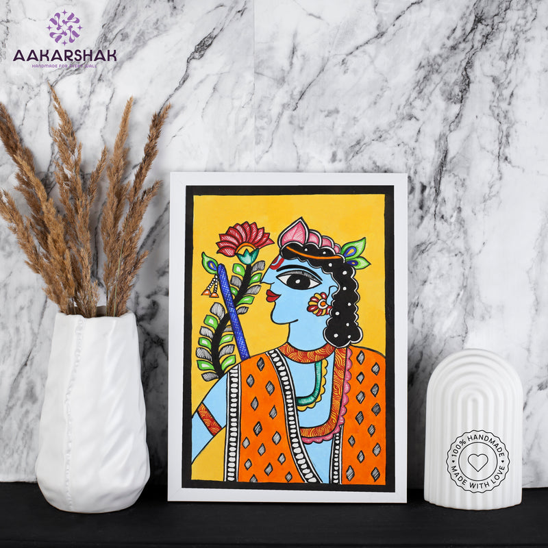 handmade madhubani painting krishna painting-with tabletop stand for home decor