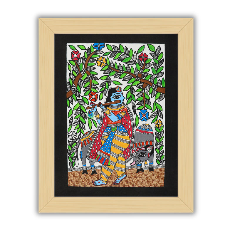Handmade Madhubani Painting of Lord Krishna 12x16 Inch Wall Decor