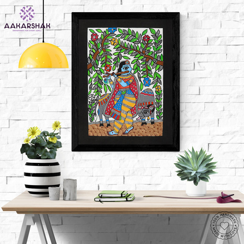 Handmade Madhubani Painting of Lord Krishna 12x16 Inch Wall Decor