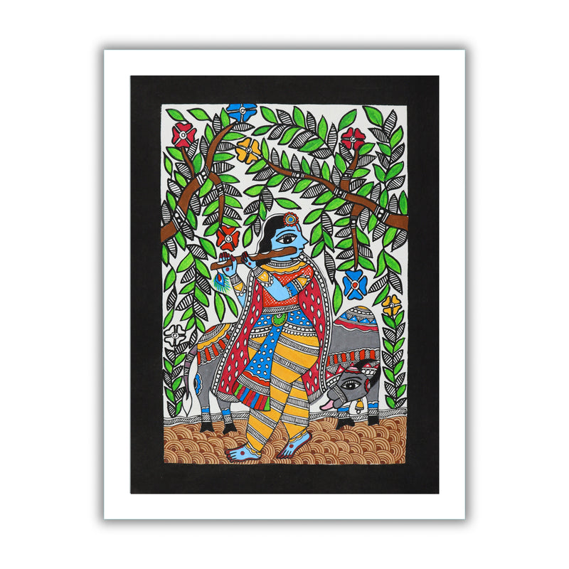 Handmade Madhubani Painting of Lord Krishna 12x16 Inch Wall Decor