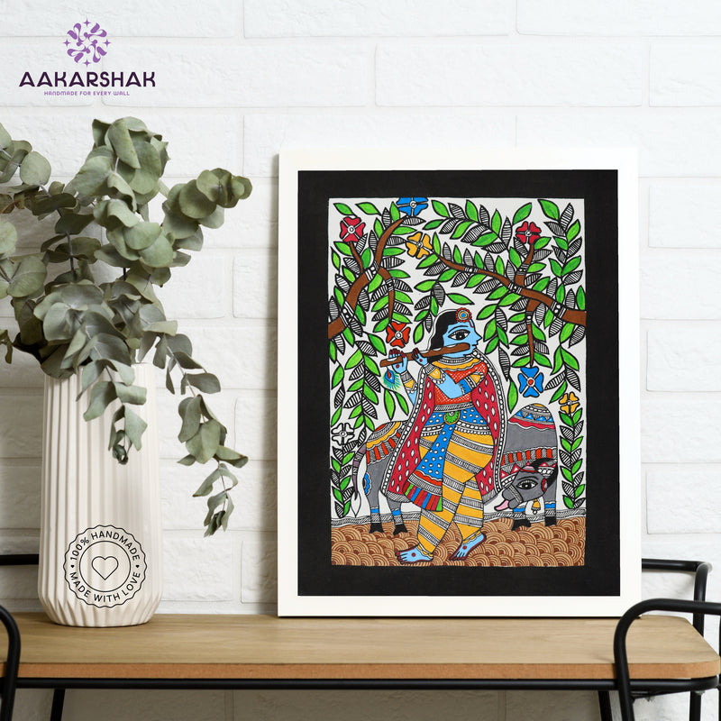Handmade Madhubani Painting of Lord Krishna 12x16 Inch Wall Decor