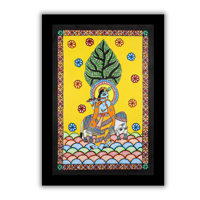 Handmade Madhubani painting with krishna design, framed and ready to hang – Indian folk art on wall