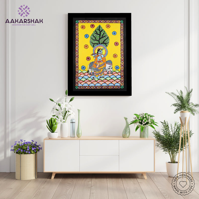 Side view of framed Madhubani artwork with acrylic glass and wooden frame