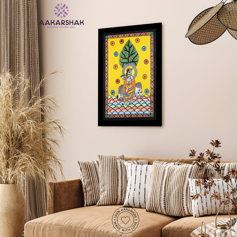 Traditional Indian wall painting displayed in modern home interior setting