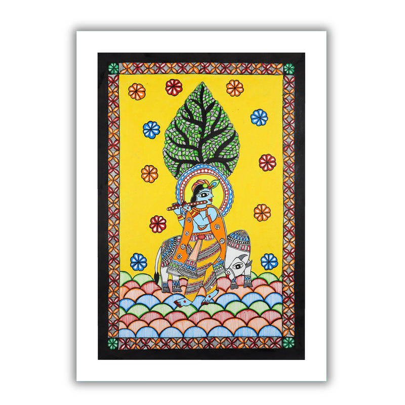 Handmade Madhubani art krishna Painting Wall Decor 17x24 Inch