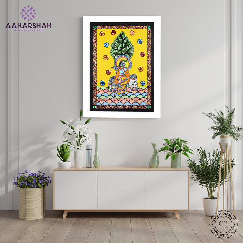 Handmade Madhubani art krishna Painting Wall Decor 17x24 Inch