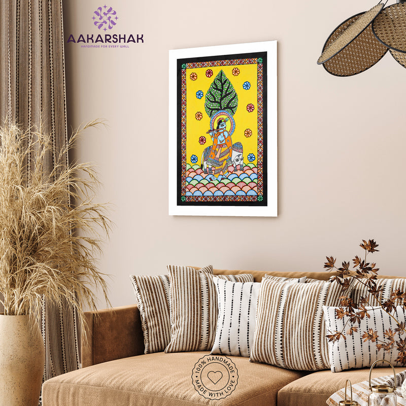 Handmade Madhubani art krishna Painting Wall Decor 17x24 Inch