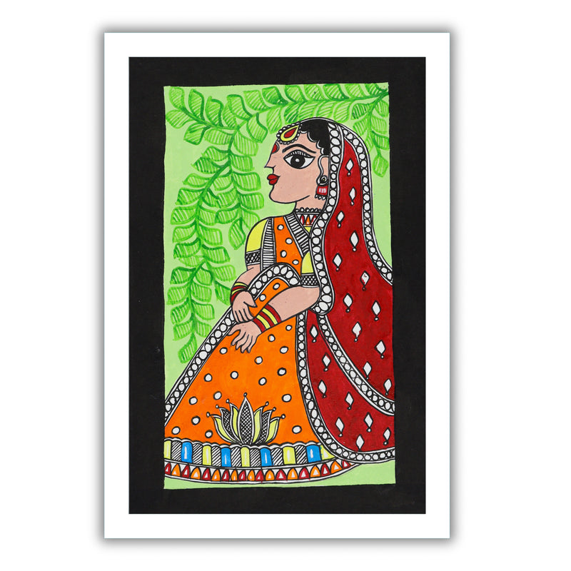 handmade madhubani painting painting lady-in vibrant traditional folk art style