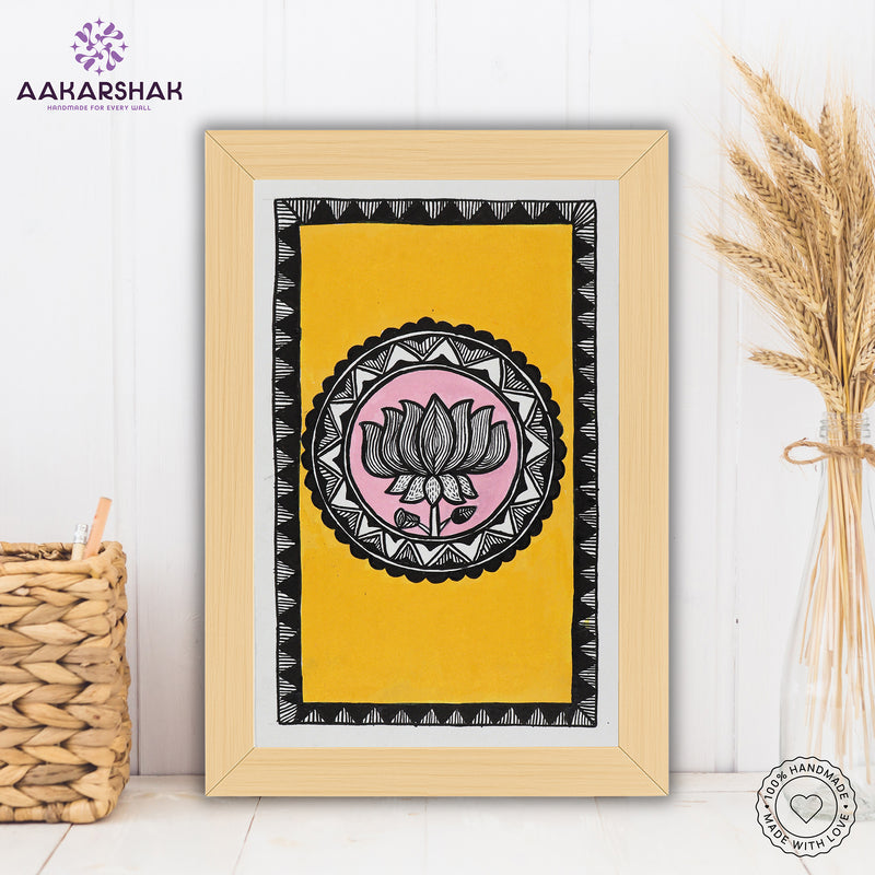 handmade madhubani painting lotus painting-with tabletop stand for home decor