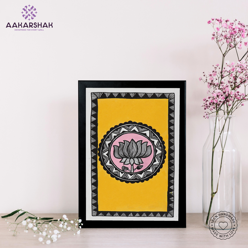 handmade madhubani painting lotus painting-with tabletop stand for home decor