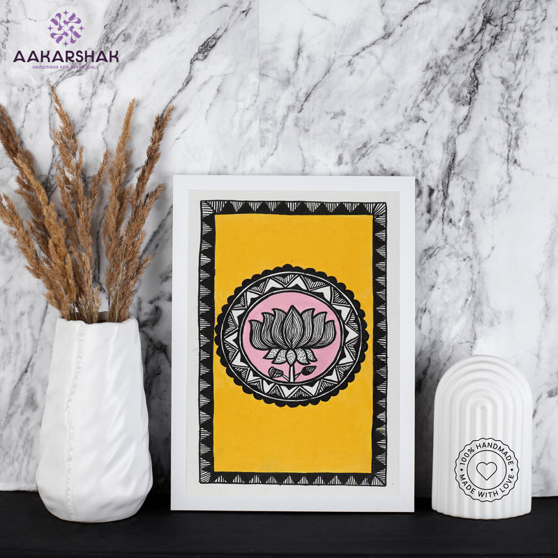 handmade madhubani painting lotus painting-with tabletop stand for home decor