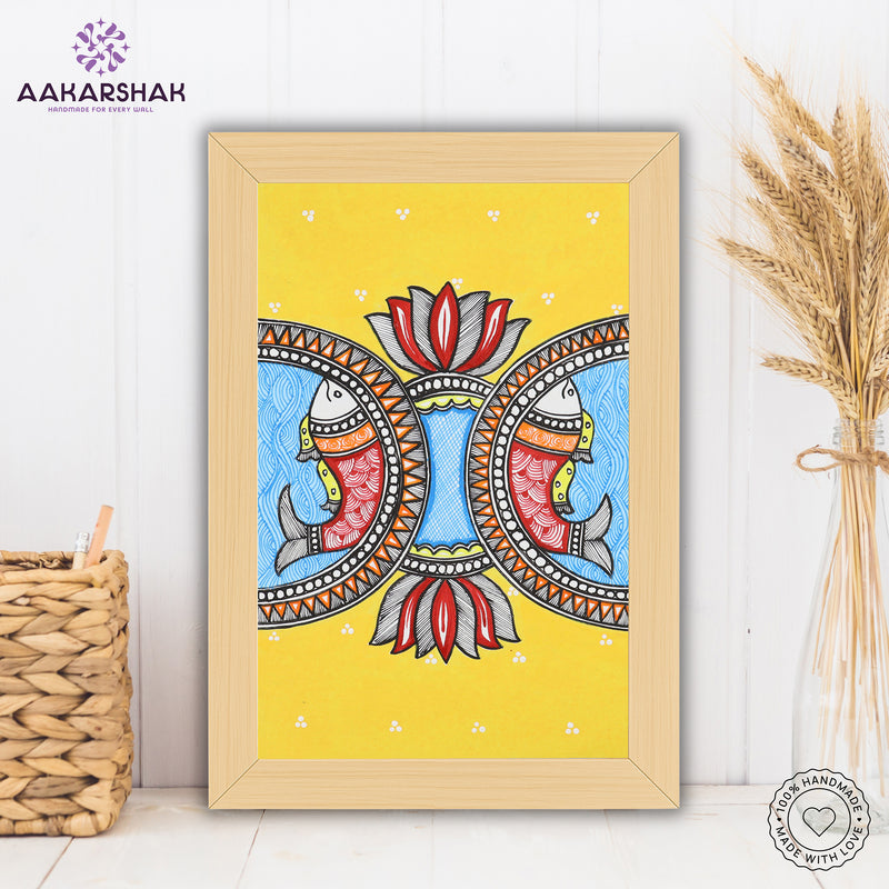 handmade madhubani painting fish painting-with tabletop stand for home decor