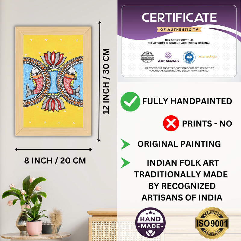 Decorative handmade art with dimensions and authenticity certificate -iso certified fish madhubani painting