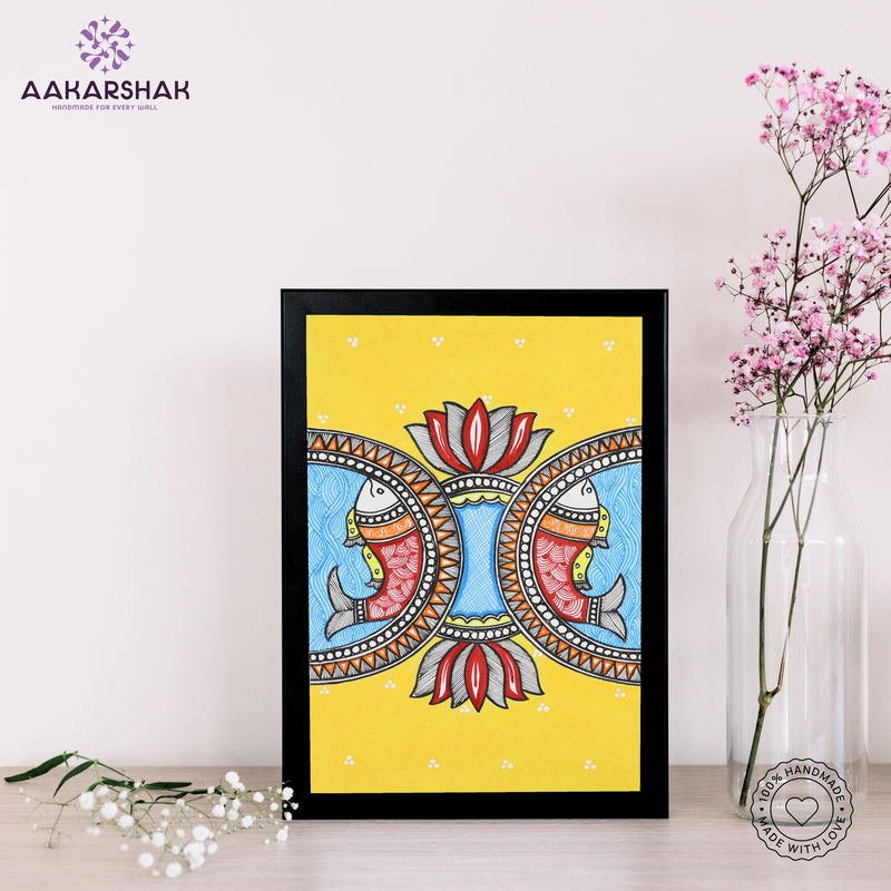 handmade madhubani painting fish painting-with tabletop stand for home decor