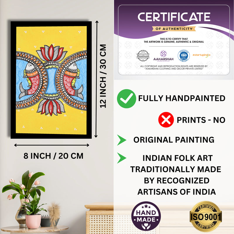 Decorative handmade art with dimensions and authenticity certificate -iso certified fish madhubani painting