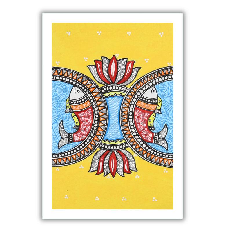 handmade madhubani painting painting fish-in vibrant traditional folk art style