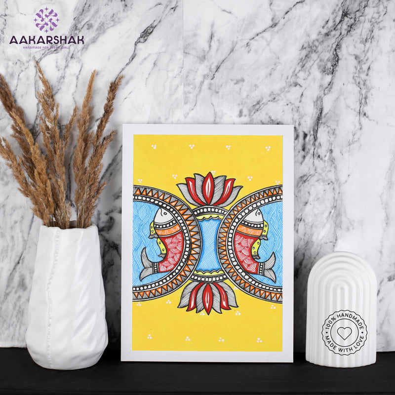 handmade madhubani painting fish painting-with tabletop stand for home decor